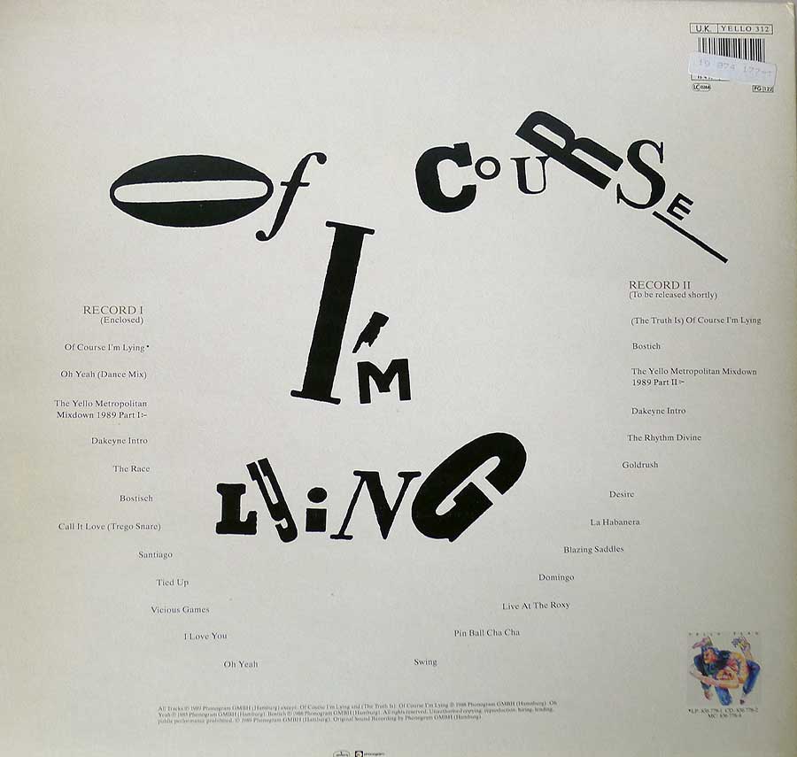 YELLO - Of Course I'm Lying. Metropolian Mixdown 1989 Part I Gatefold Cover 12" LP Vinyl Album
 back cover