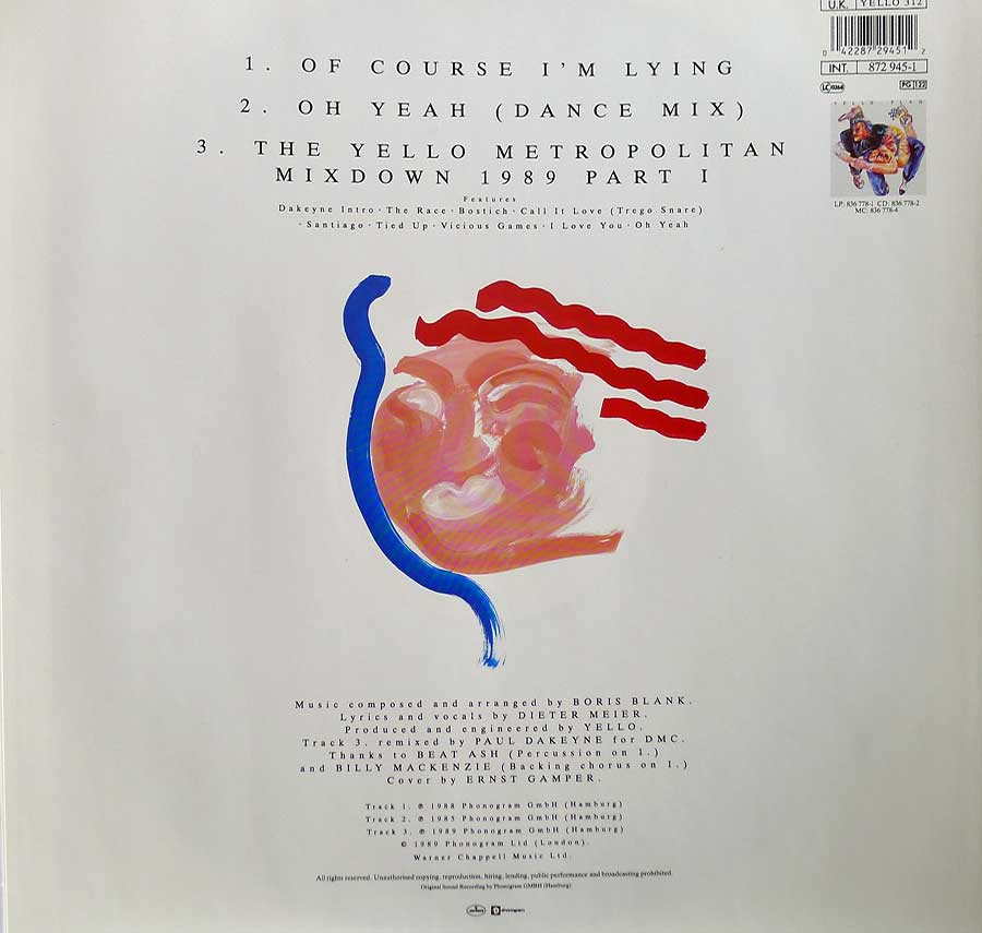 YELLO - Of Course I'm Lying. Metropolian Mixdown 1989 Part I Gatefold Cover 12" LP Vinyl Album
 inner gatefold cover