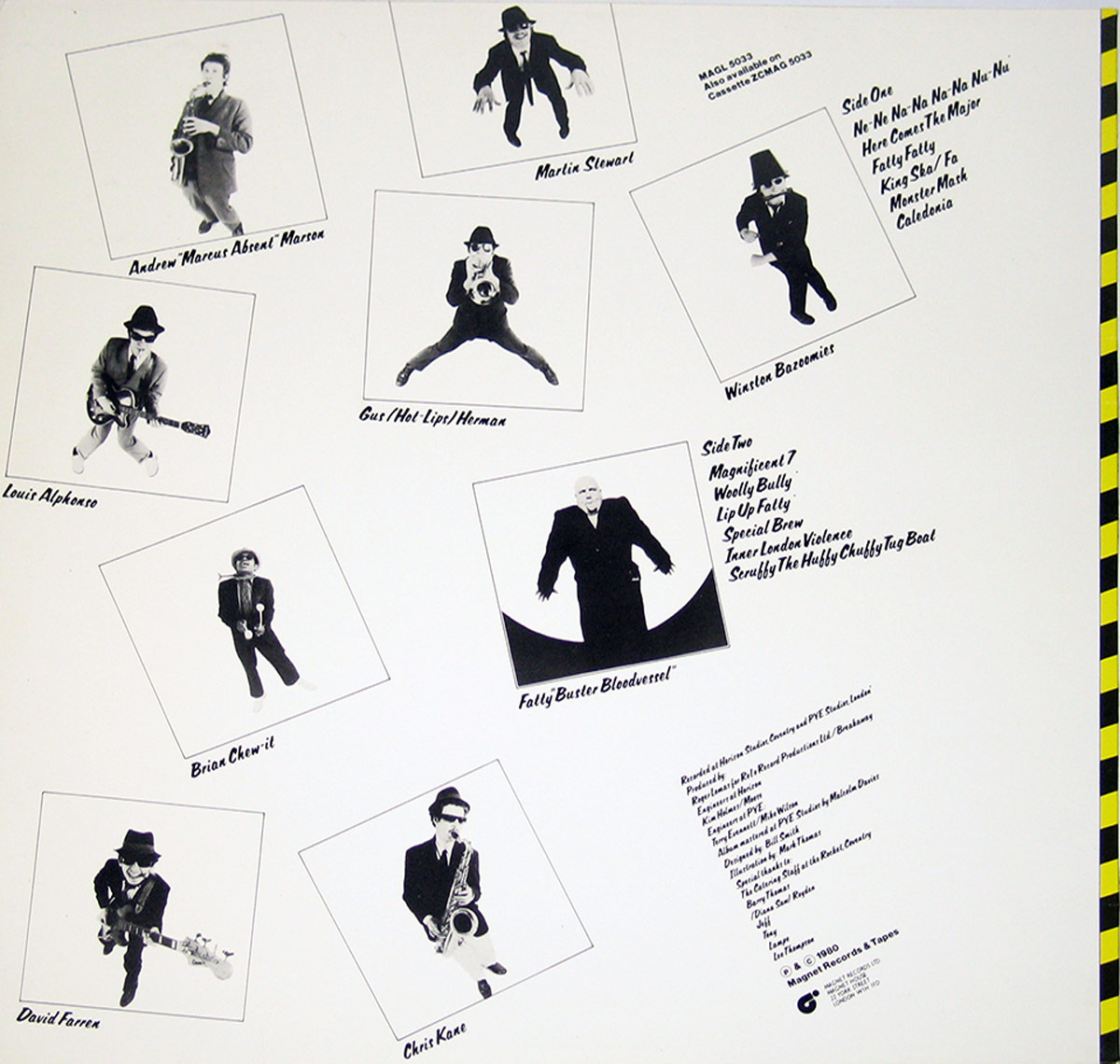 Back cover of Bad Manners' 1980 album 'Ska 'n' B' featuring a collage of black-and-white photos of each band member in playful poses. The names appear handwritten beneath each image, with a track list on the right and production credits at the bottom. A vertical yellow-and-black hazard stripe runs along the right edge, mirroring the front cover design.