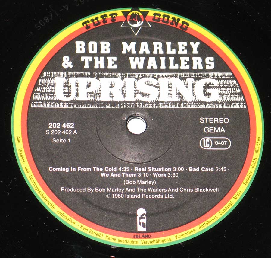 Close up of record's label BOB MARLEY & THE WAILERS - Uprising Side One
