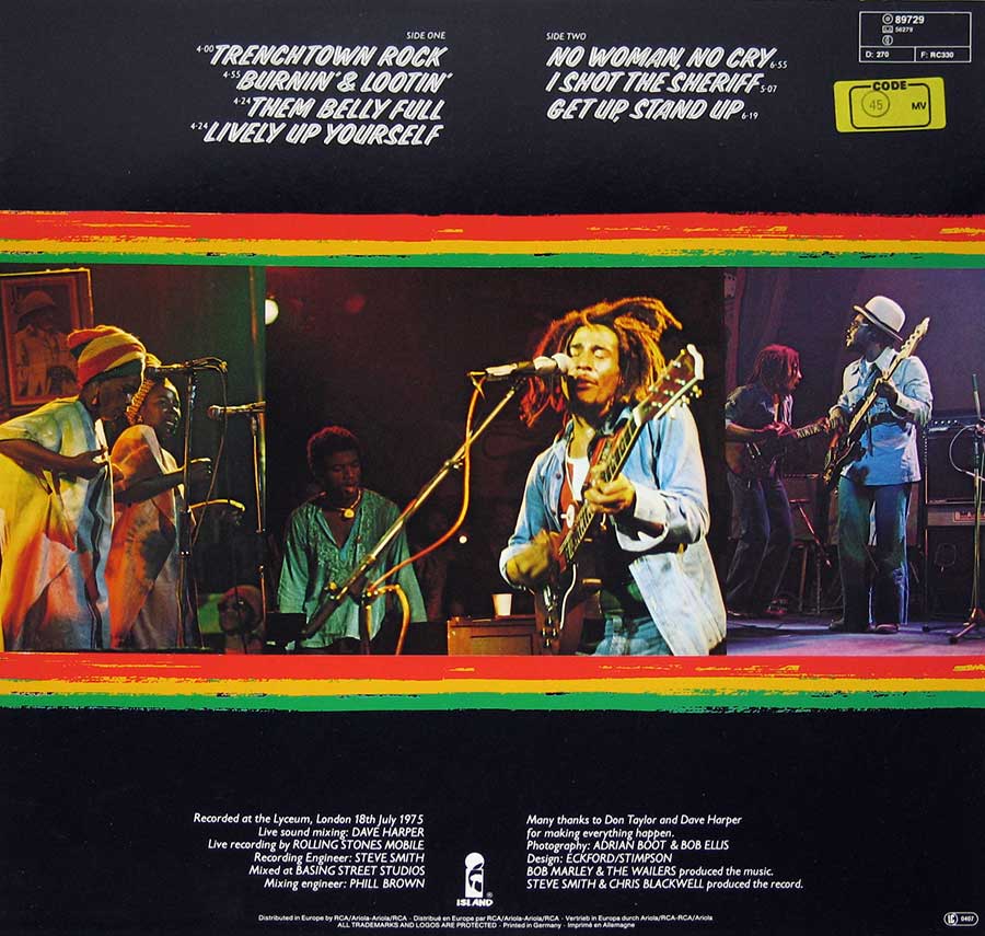 BOB MARLEY & THE WAILERS - Wailers Live 12" Vinyl LP Album back cover