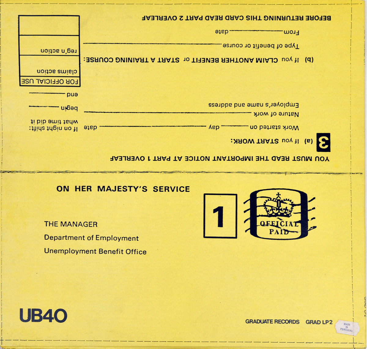 Back cover of UB40 Signing Off album, styled as an official UK unemployment benefit envelope with yellow background, official markings, post stamp design, and reversed printed text.