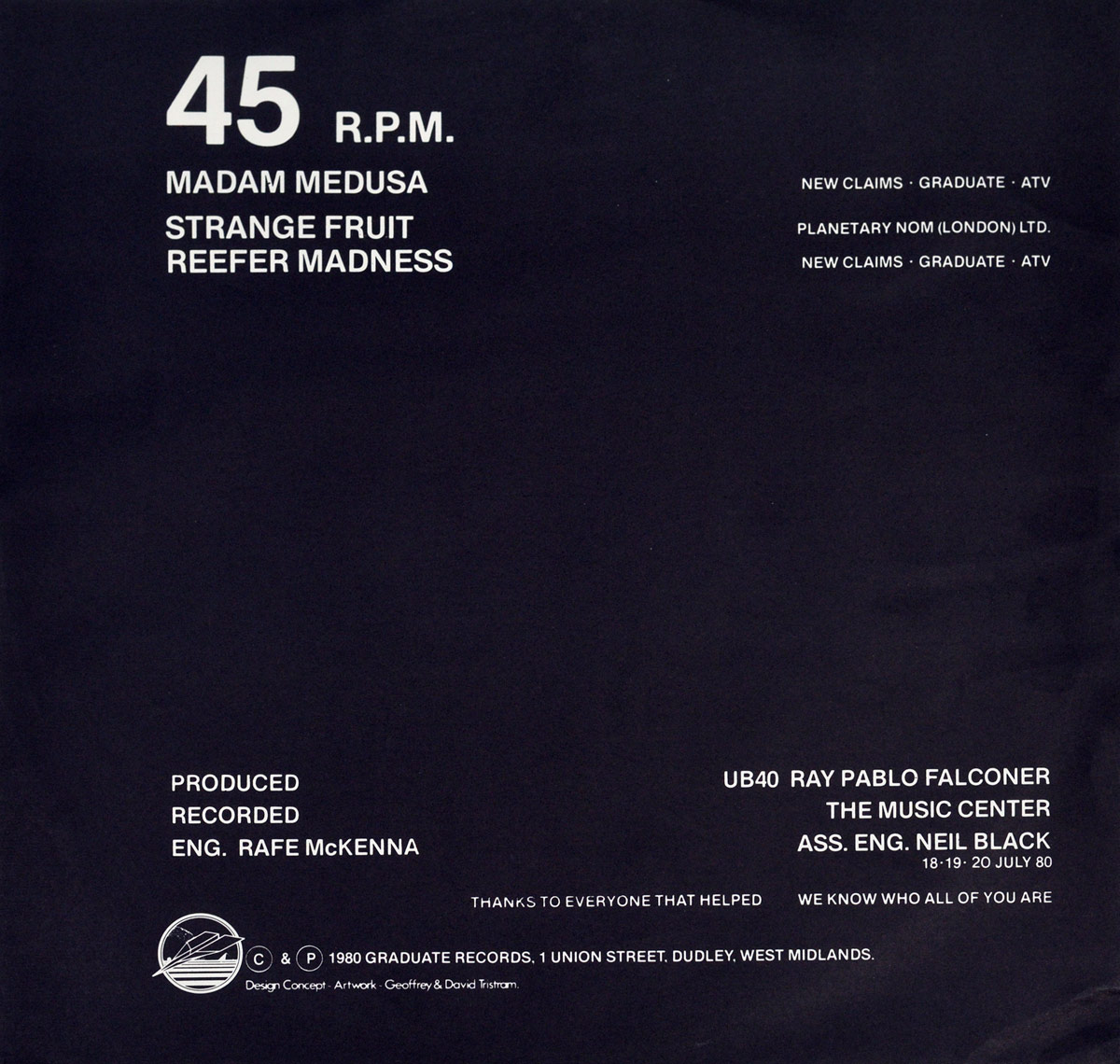 Inside cover of UB40 Signing Off 45 RPM Maxi-Single showing track list Madam Medusa, Strange Fruit, Reefer Madness, credits to Rafe McKenna, Ray Falconer, and Neil Black, with production details and a black minimalist background.