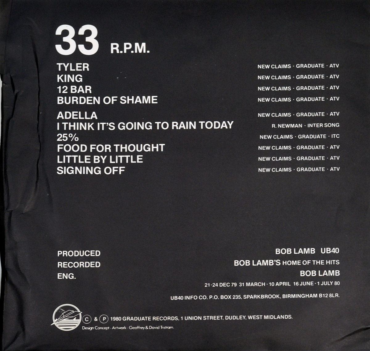 UB40 Signing Off inner sleeve showing 33 RPM tracklist including Tyler, King, Food for Thought, and Signing Off, with copyright info, production credits to Bob Lamb, and black minimalist layout.