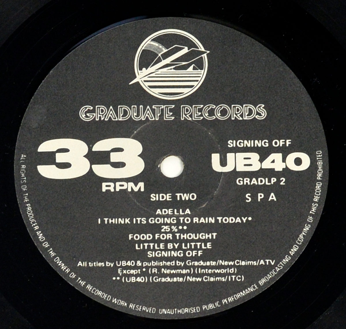 Label of UB40 Signing Off LP Side Two with 33 RPM, tracklist including Adella and Food for Thought, published by Graduate, New Claims, ATV, and Interworld, featuring copyright and rights text.