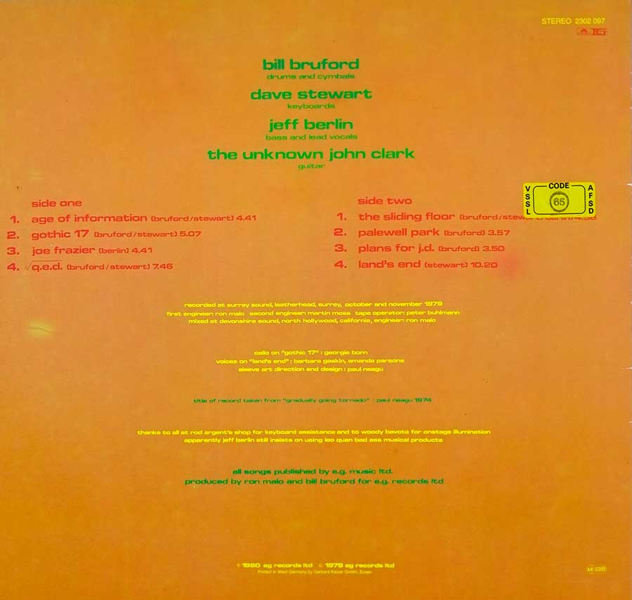 Photo of album back cover BRUFORD - Gradually Going Tornado 12" LP Album Vinyl