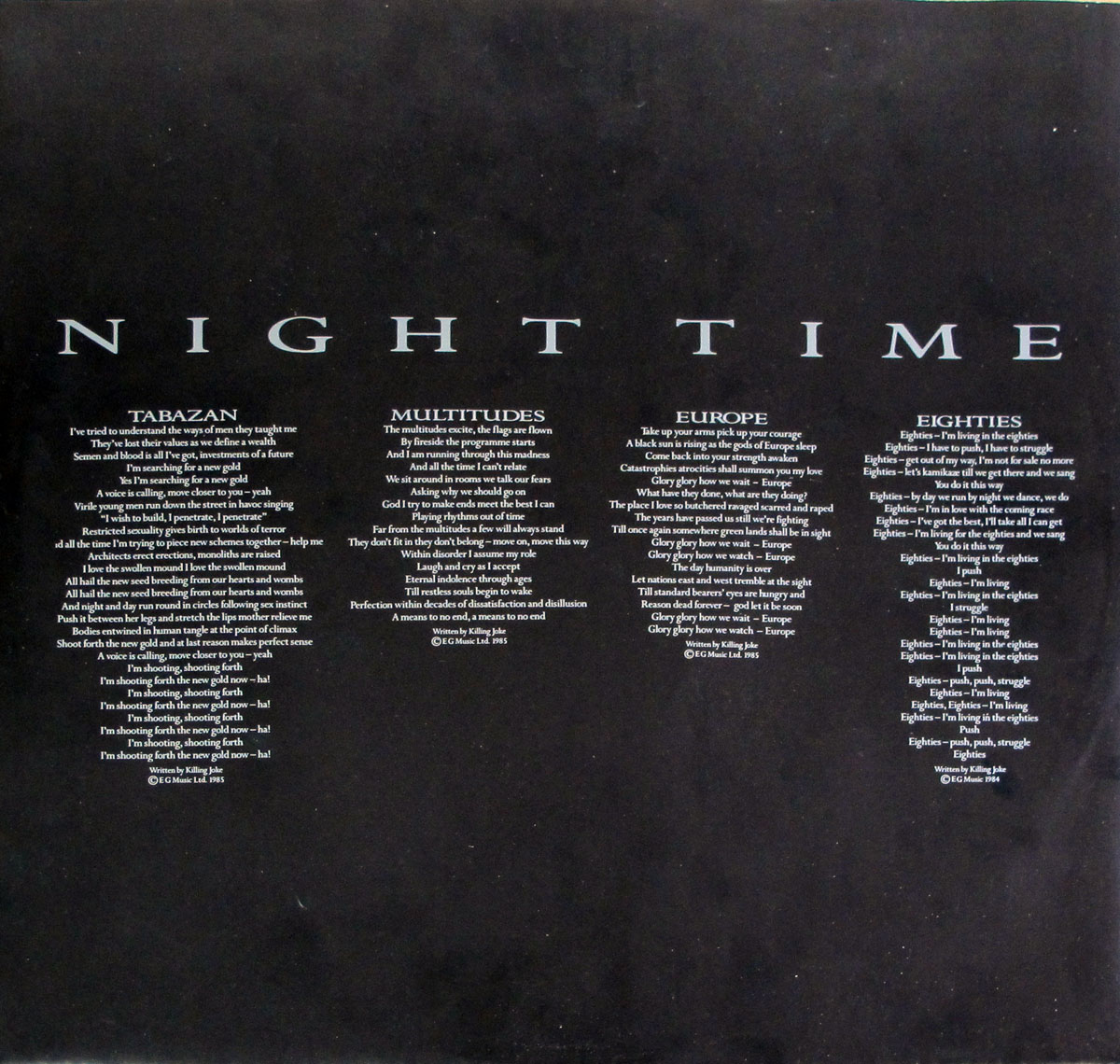 Lyrics of "Night Time" printed on the custom inner sleeve  