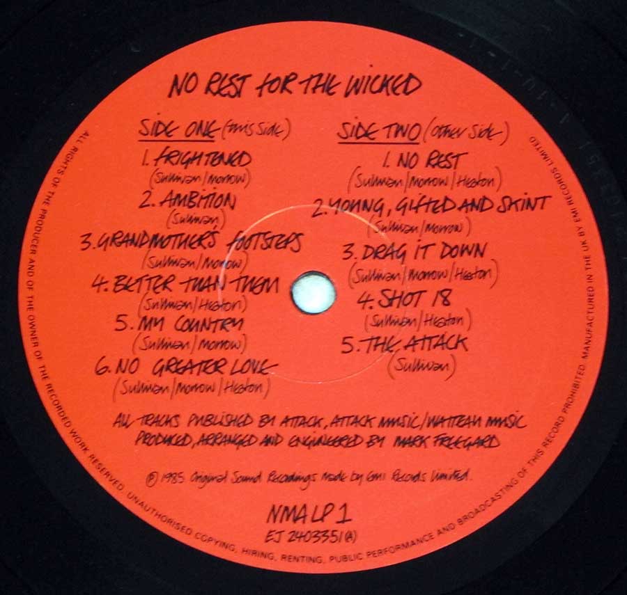 Close up of record's label NEW MODEL ARMY - No Rest For The Wicked 12" LP Vinyl Album Side Two