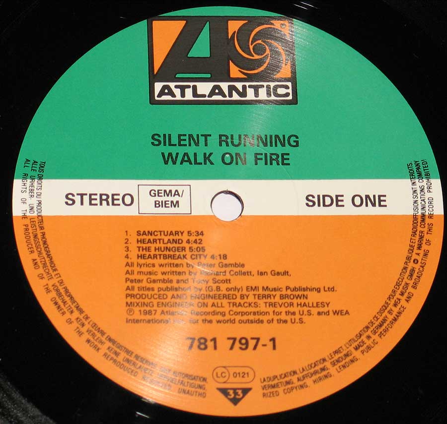 Close up "Walk On Fire by Silent Running" Record Label Details: Atlantic 781 797 , Gema Biem 