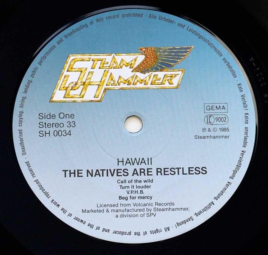 Close up of record's label HAWAII - The Natives Are Restless Side One