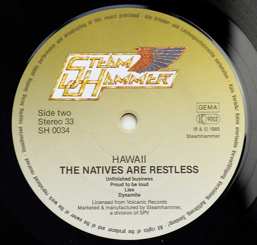 Close up of record's label HAWAII - The Natives Are Restless Side Two