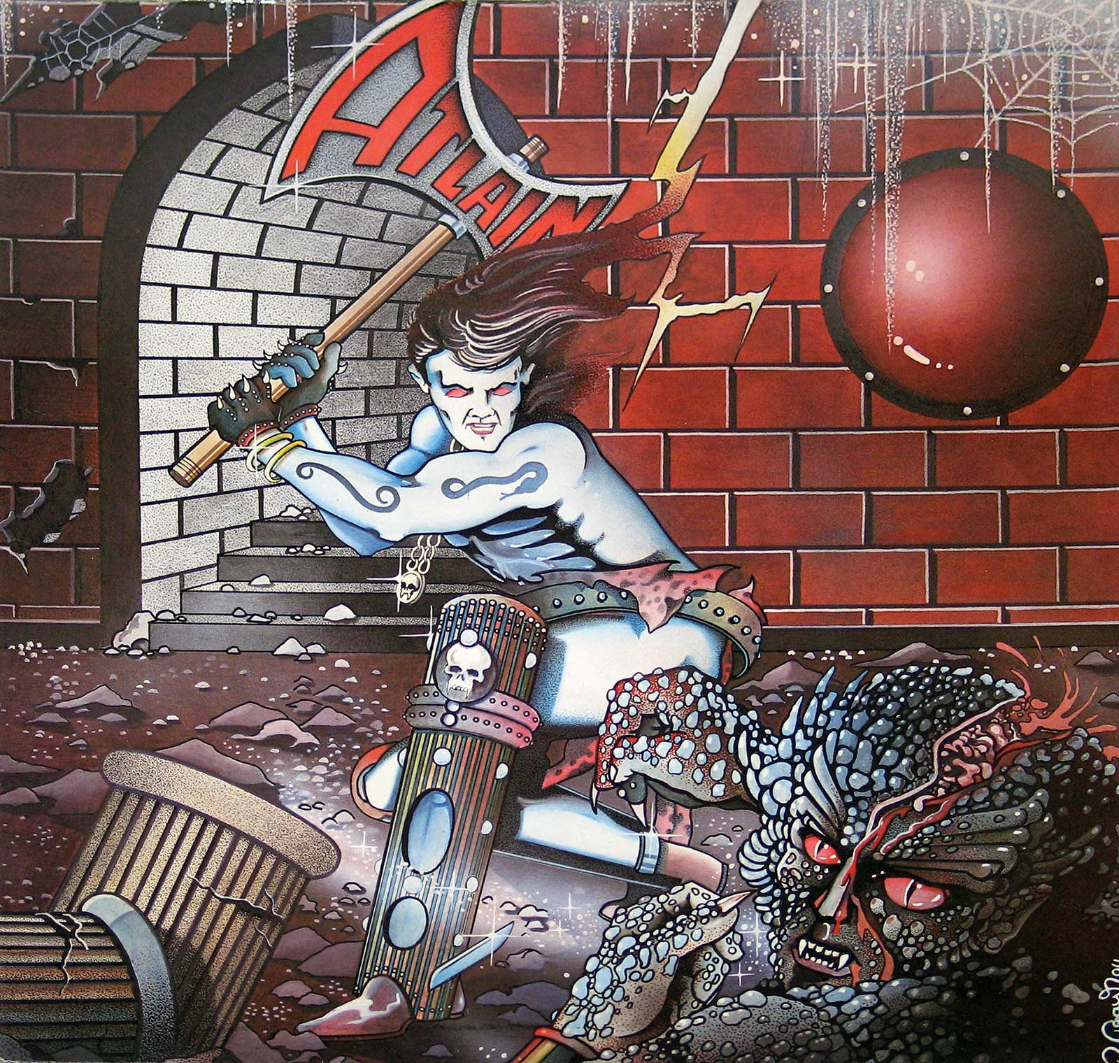 Album cover art for Atlain’s Living in the Dark, featuring a muscular blue-skinned warrior with glowing red eyes wielding an axe adorned with the band’s logo. The warrior is smashing a grotesque, scaly creature in a dark, dungeon-like setting with a cracked red-brick wall, cobwebs, and debris. Bold colors and intense imagery capture the energy of 1980s Power/Thrash Metal.