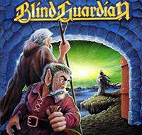 Album cover of Blind Guardian's Follow the Blind, featuring two hooded figures in a stone archway watching a robed figure walk across a rocky path under a glowing green sky. The scene captures a mystical, fantasy-inspired atmosphere.