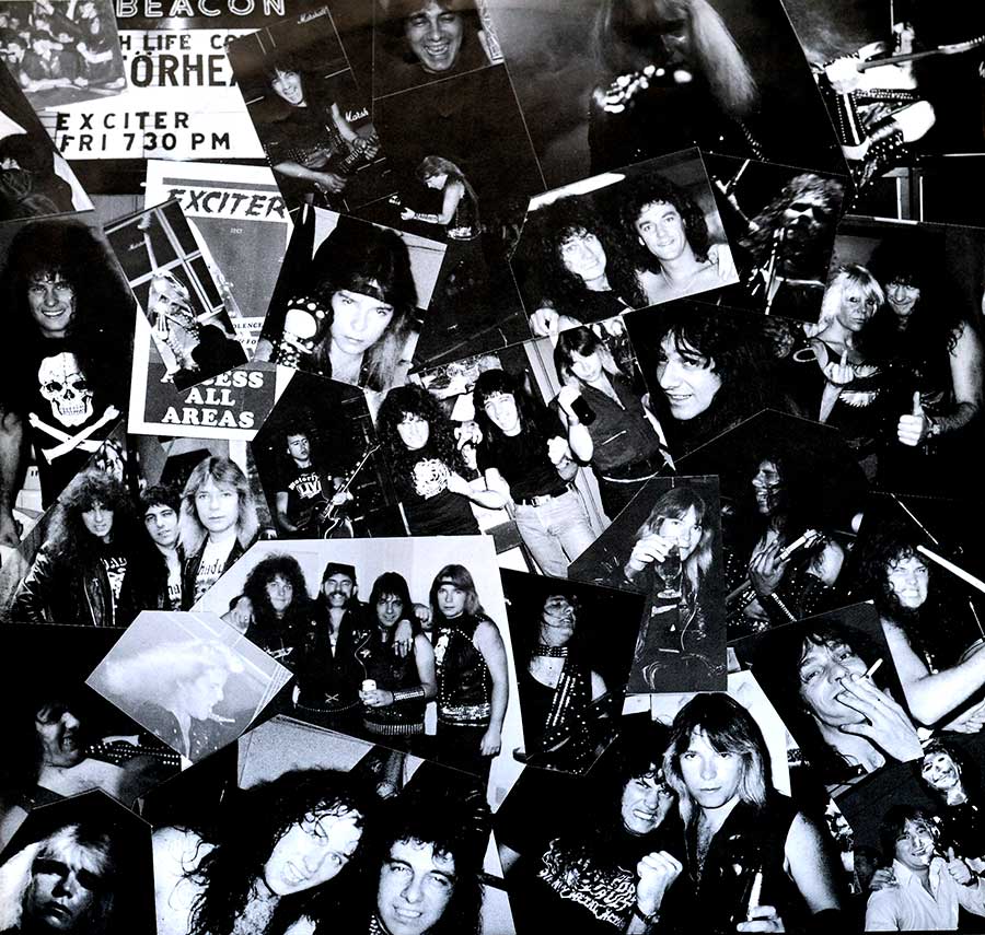 Photo collage of the Exciter band-members on of the custom inner sleeve of "Long Live the Loud" 