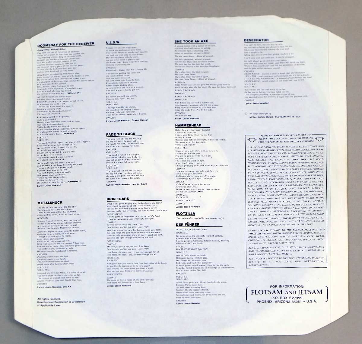 High Resolution Photo  of the  Original Custom Inner Sleeve (OIS) #1 of FLOTSAM AND JETSAM - Doomsday For The Deceiver https://vinyl-records.nl