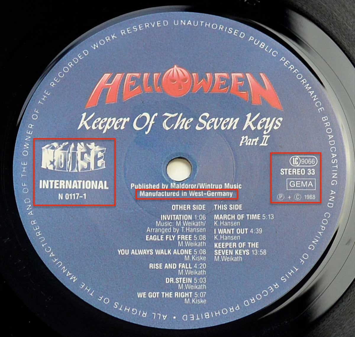 Photo of record label of HELLOWEEN - Keeper Of The Seven Keys Part II  