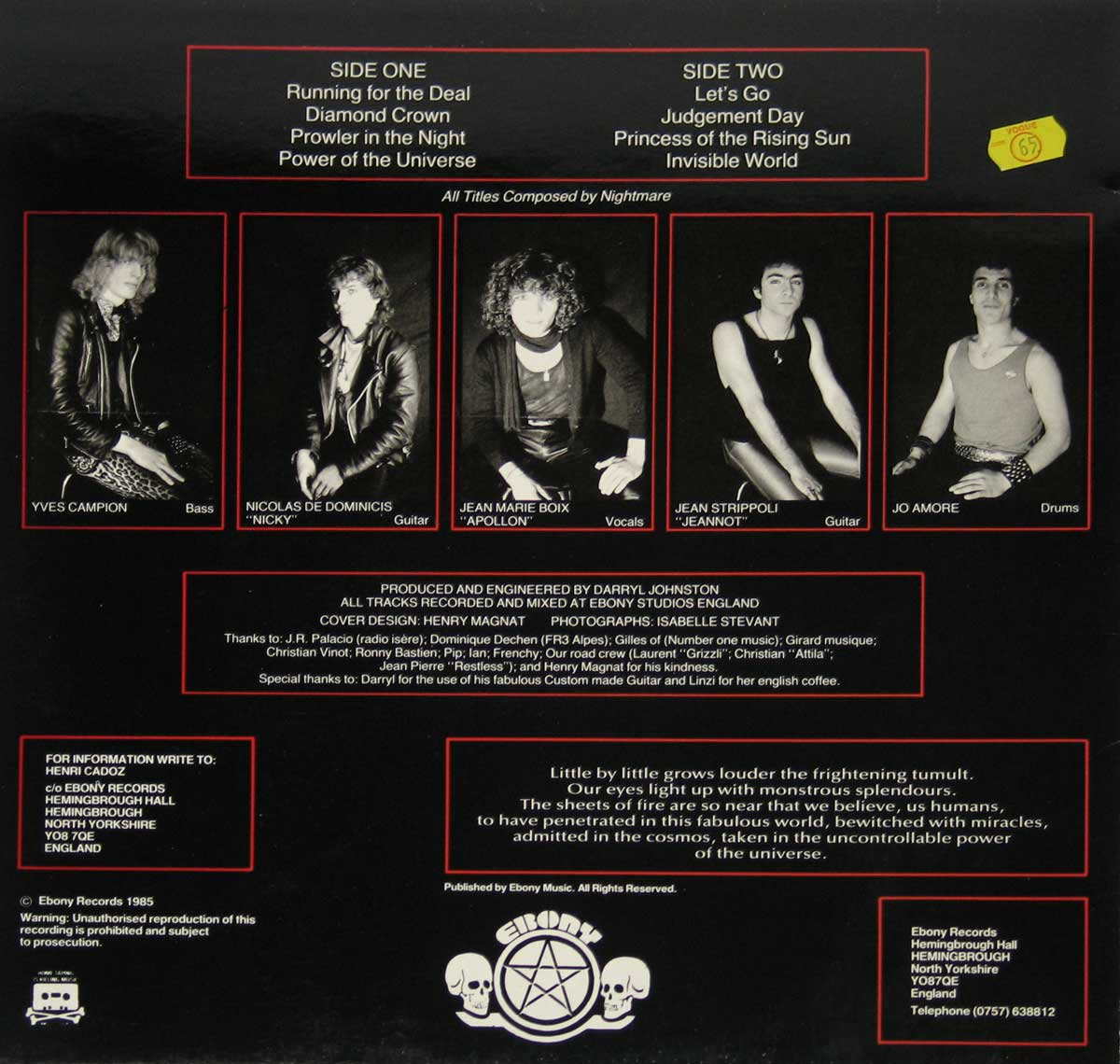 Back Cover  Photo of "NIGHTMARE - Power of the Universe" Album 
