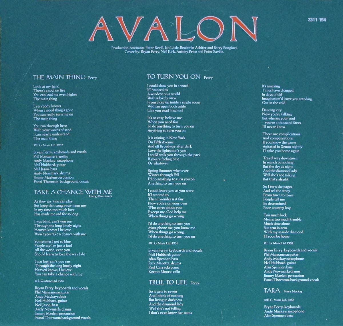 The second custom inner sleeve of Roxy Music's Avalon (1982 France release) features a teal background with red 'Avalon' title at the top, accompanied by production assistance credits. Lyrics for Side Two tracks—'The Main Thing', 'Take a Chance With Me', 'To Turn You On', 'True to Life', and 'Tara'—are arranged in three vertical columns in white serif type. Each set of lyrics is followed by musician credits listing Bryan Ferry, Phil Manzanera, Andy Mackay, Neil Hubbard, Alan Spenner, Andy Newmark, Jimmy Maelen, Rick Marotta, Kermit Moore, and Fonzi Thornton where applicable. The layout balances formality and clarity, presenting the complete second half of the album in a clean and elegant format.