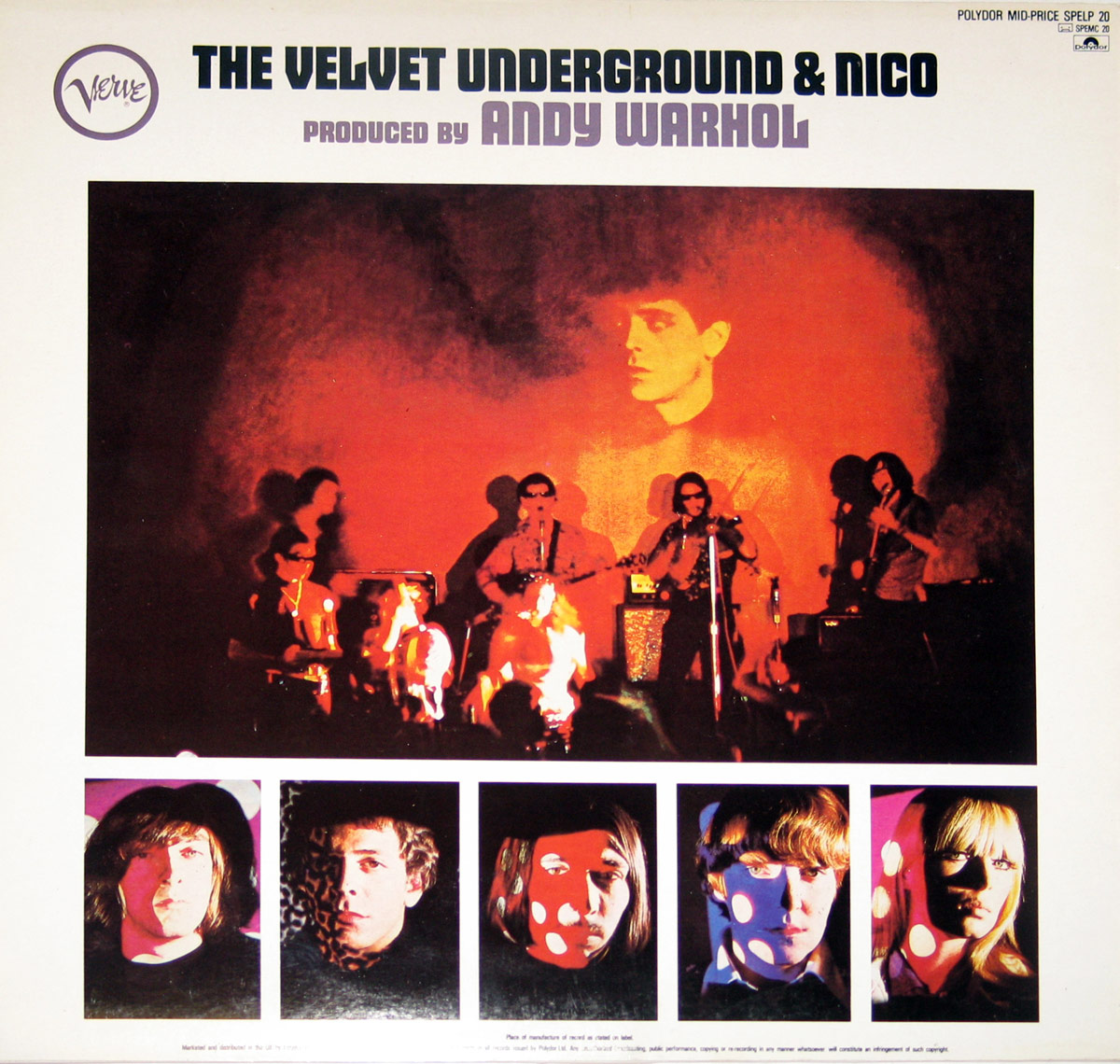 Back cover of The Velvet Underground & Nico LP showing a red-lit live performance scene with a large projection of Andy Warhol's face behind the band. Below the stage photo are five individual stylized portraits of the band members and Nico, overlaid with abstract light patterns. Title text appears above with Verve and Polydor logos.