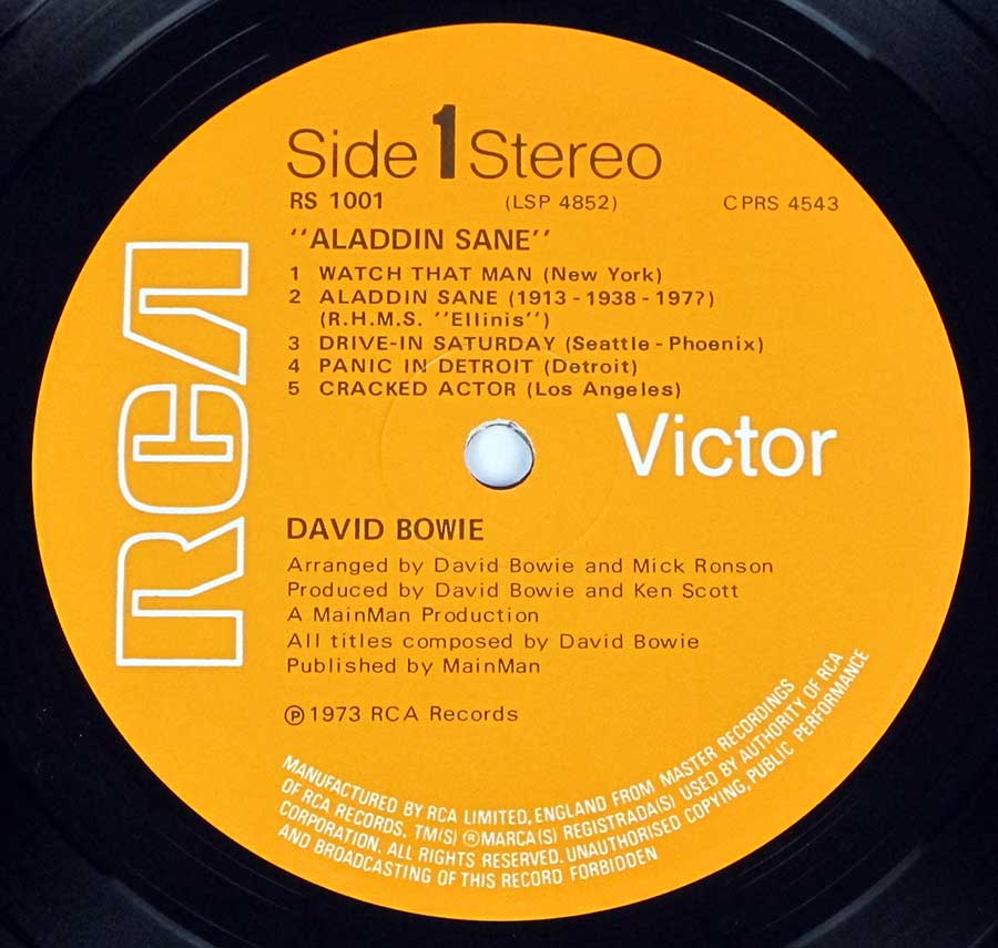Close up of record's label DAVID BOWIE - Aladdin Sane Gatefold Album Cover 12" LP Vinyl Side One