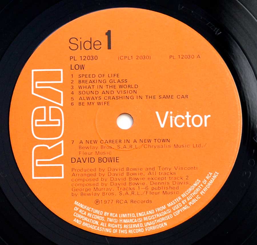 Close up of record's label DAVID BOWIE – Low 1977 UK Release 12" Vinyl LP Album Side One