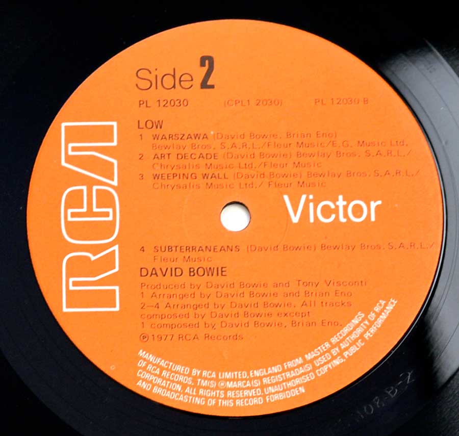 Close up of record's label DAVID BOWIE – Low 1977 UK Release 12" Vinyl LP Album Side Two
