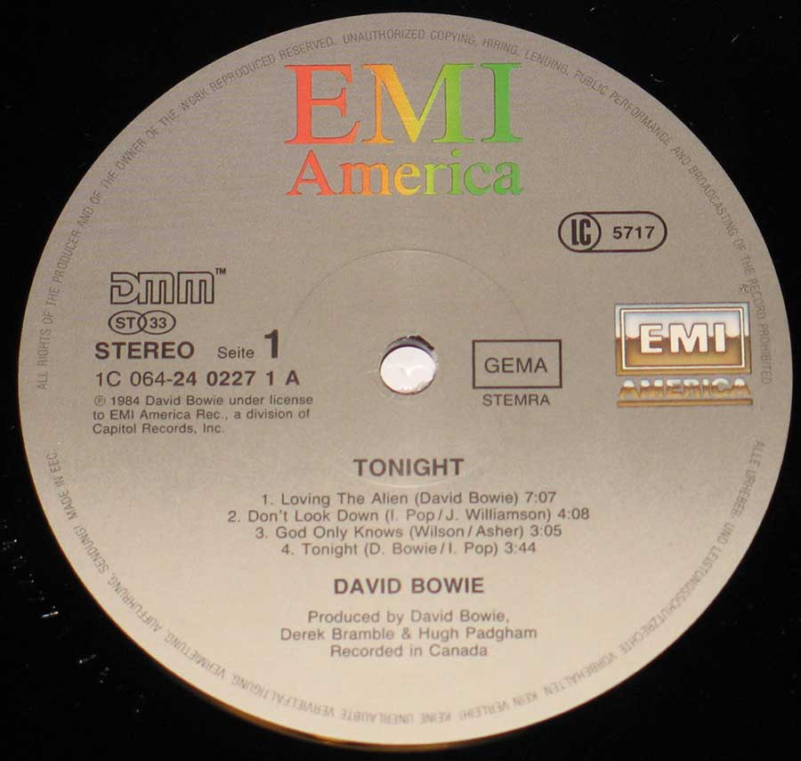 Close up of record's label DAVID BOWIE - Tonight 12" Vinyl LP ALbum Side One