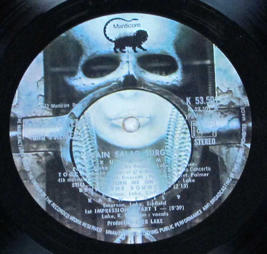 Close up of Side One record's label EMERSON, LAKE & PALMER - Brain Salad Surgery French Release Gatefold 12" LP VINYL ALBUM
