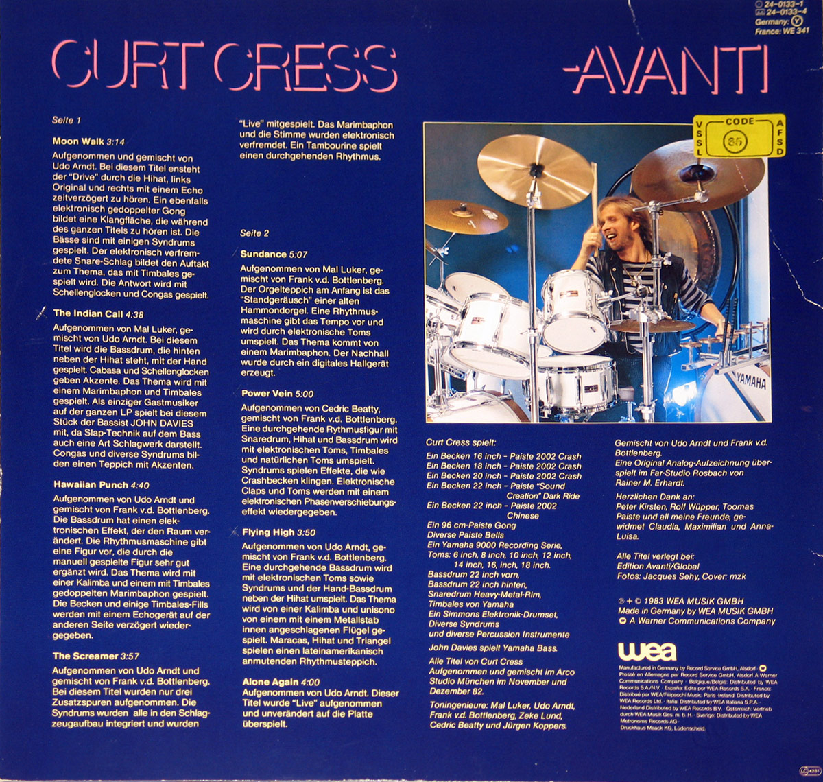 Back cover of Curt Cress Avanti LP featuring full track descriptions in German, a studio performance photo of Curt Cress on a Yamaha drum set, and production credits. The layout is on a deep blue background with pink-red stylized album text and a V.S.-coded sticker in the top right corner. Detailed gear specs, musician credits, and recording notes are printed in white text.