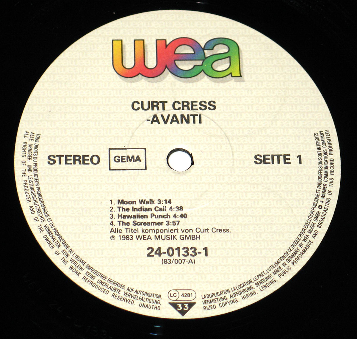 Side One label of Curt Cress's Avanti LP released by WEA in 1983, catalog number 24-0133-1. The cream-colored label features the colorful WEA logo at the top, track listing for Side 1 with durations, and official GEMA and STEREO marks. All titles are credited to Curt Cress, with legal and copyright text circling the perimeter of the label.