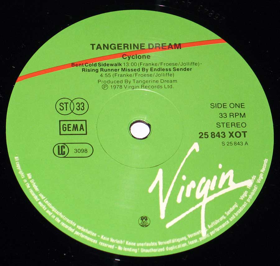 "Cyclone" Record Label Details: Green colour Virgin 25 843 XOT 
