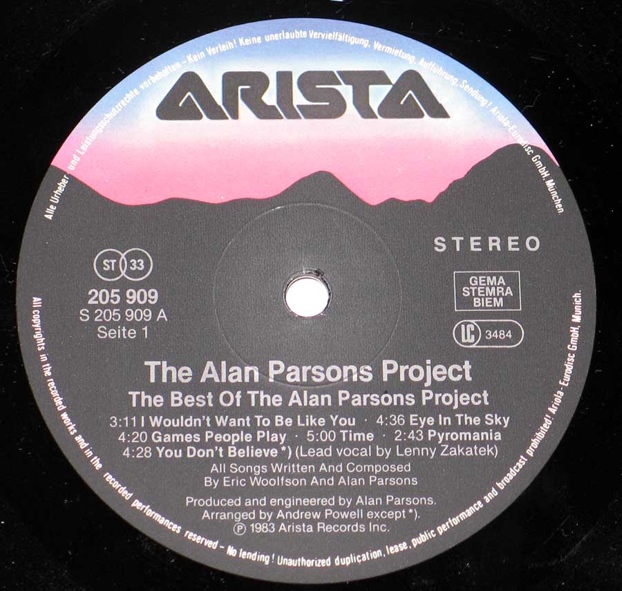 Close up of record's label ALAN PARSONS PROJECT - Best of Alan Parsons Project 12" Vinyl LP Album Side One
