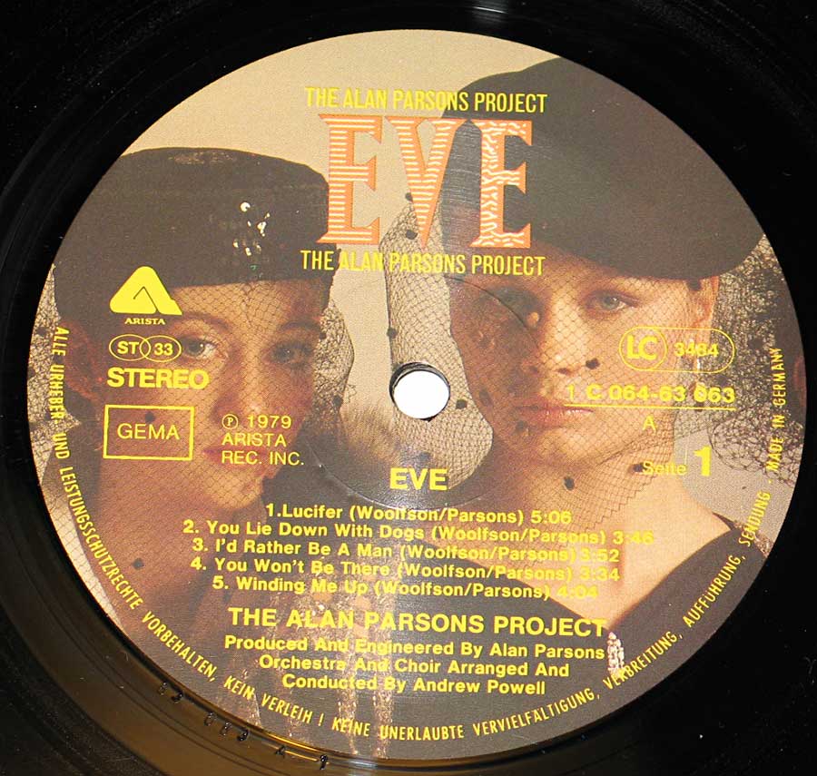 Close up of record's label  ALAN PARSONS PROJECT - EVE 12" Vinyl LP Side One