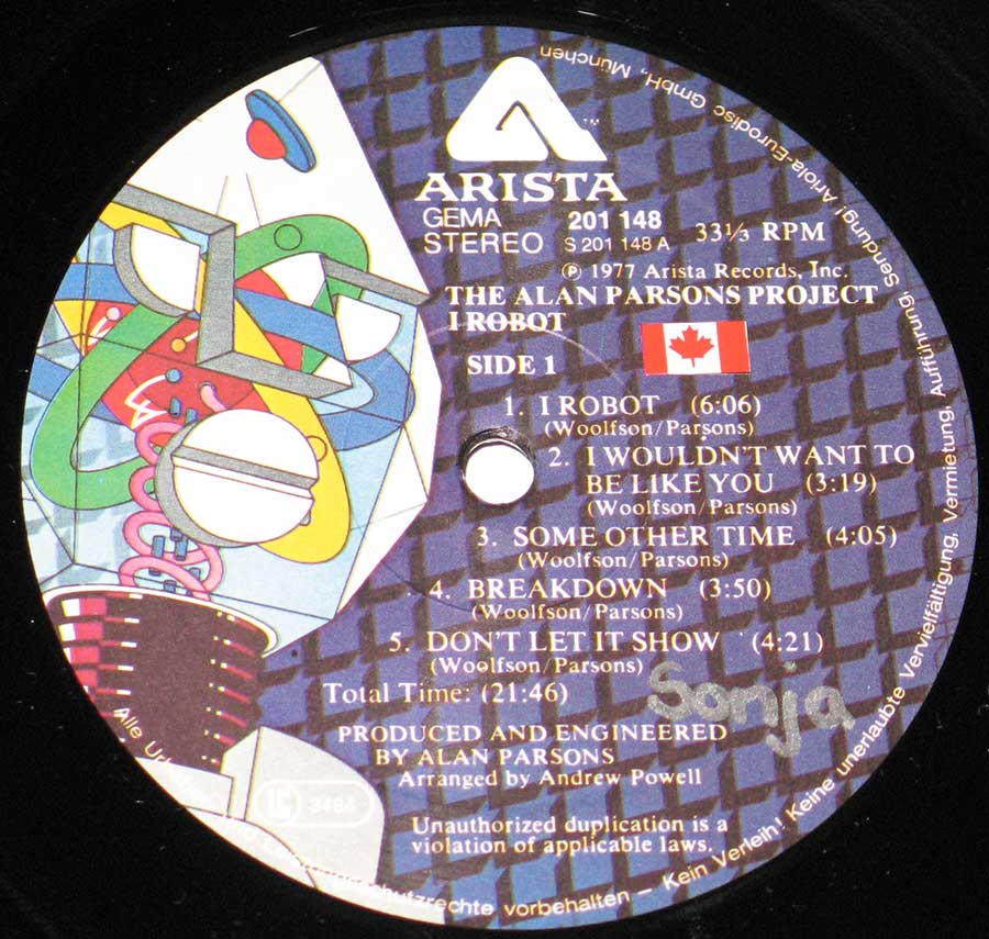 Close up of record's label ALAN PARSONS PROJECT - I Robot ( German Release ) Side One