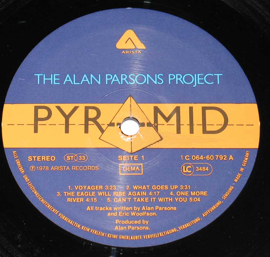 Close up of record's label THE ALAN PARSONS PROJECT- Pyramid Side One