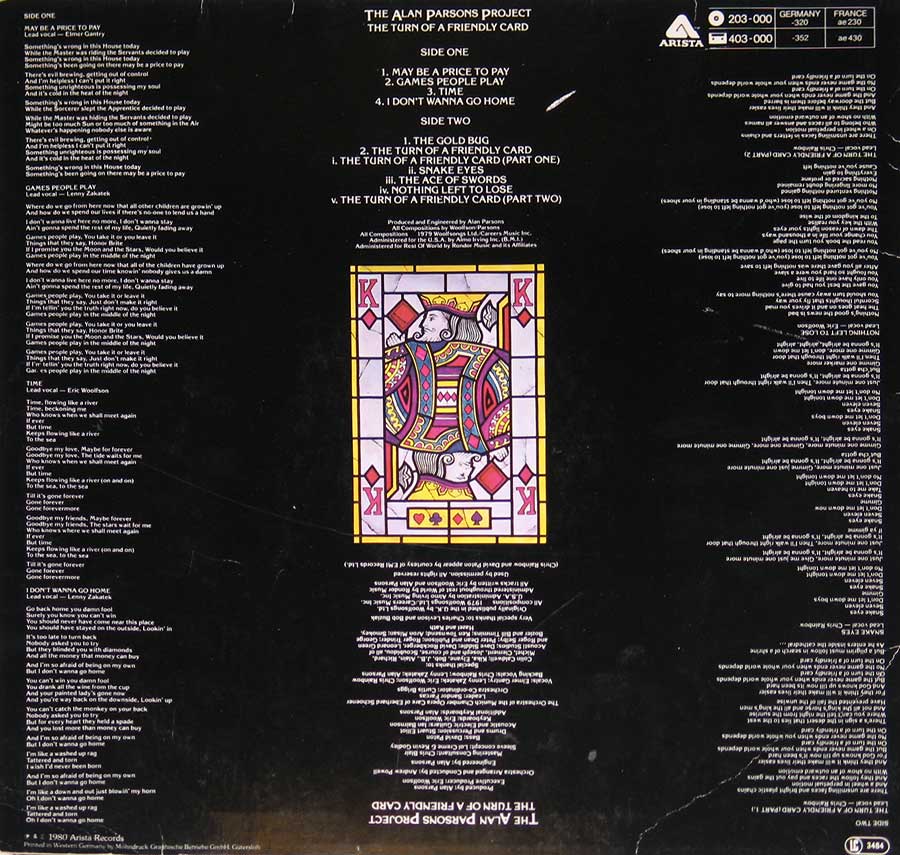 Photo of album back cover THE ALAN PARSONS PROJECT - The Turn Of A Friendly Card