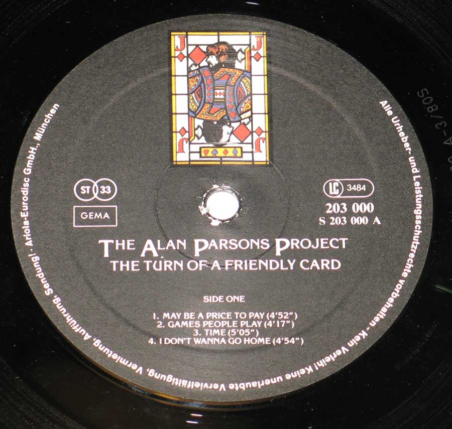 Close up of record's label THE ALAN PARSONS PROJECT - The Turn Of A Friendly Card Side One