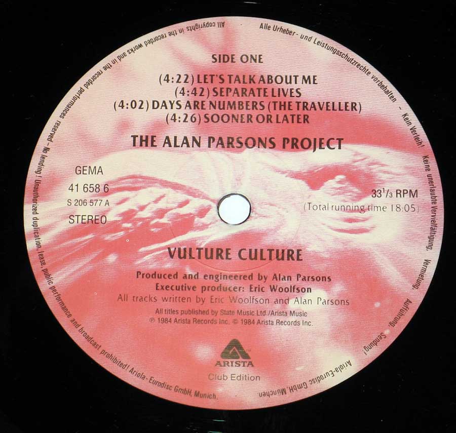Close up of record's label ALAN PARSONS PROJECT - Vulture Culture ( Club Edition ) Side One
