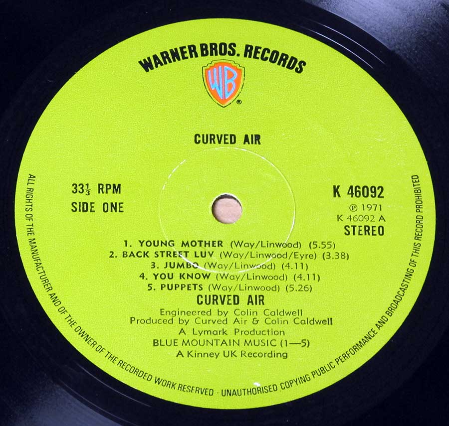 "Second Album by Curved Air" Light Green Colour Record Label Details: Warner Bros Records K 46092 