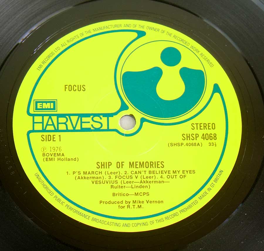 "Ship Of Memories" Yellow and Green Colour EMI Harvest Record Label Details: EMI Harvest SHSP 4068 / Bovema 