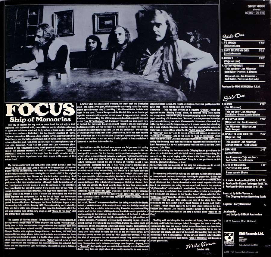 FOCUS - Ship Of Memories 12" LP ALBUM VINYL back cover