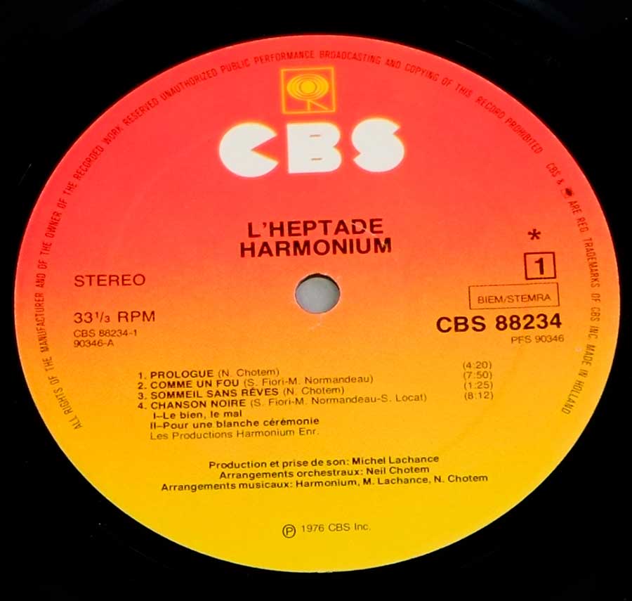 Close up of Side One record's label Record Label Details: CBS 88234 © Copyright CBS Inc Sound Copyright 