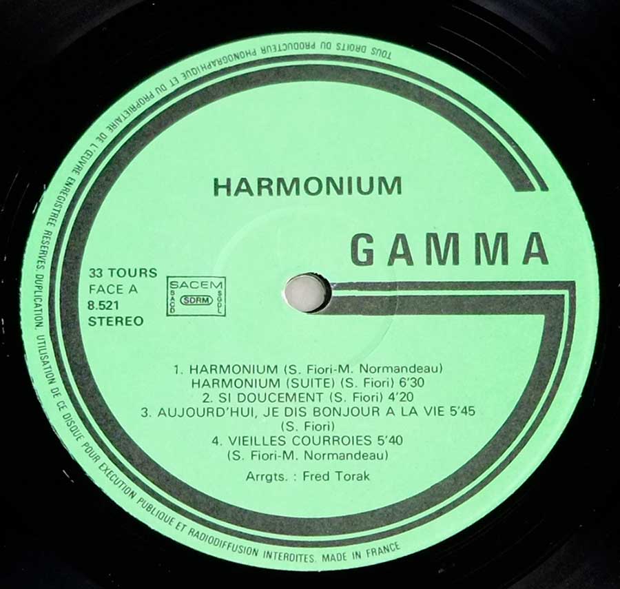 Close up of Side One record's label HARMONIUM - Self-Titled Orig France Gatefold Cover 12" LP VINYL Album