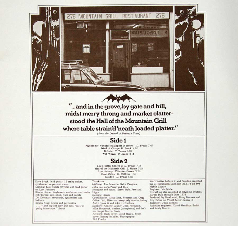 Photo Two of the original custom inner sleeve  HAWKWIND - Hall Of The Mountain Grill German Release 12" Vinyl LP Album