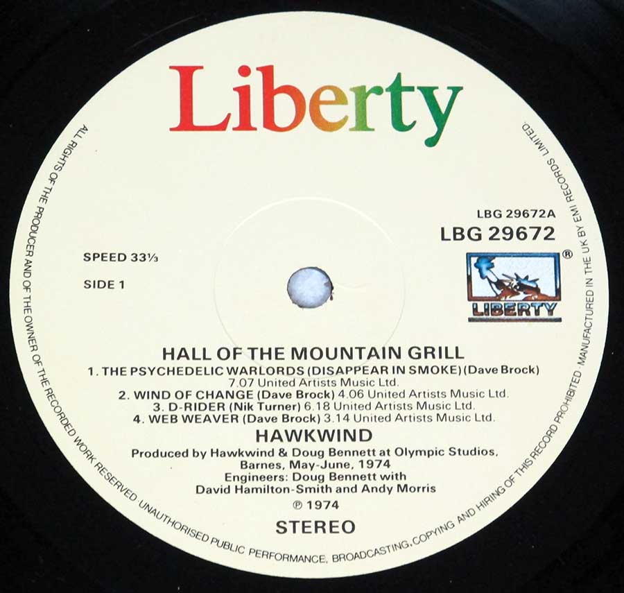 Close up of record's label HAWKWIND - Hall Of The Mountain Grill Release UK 12" LP Vinyl Album Side One