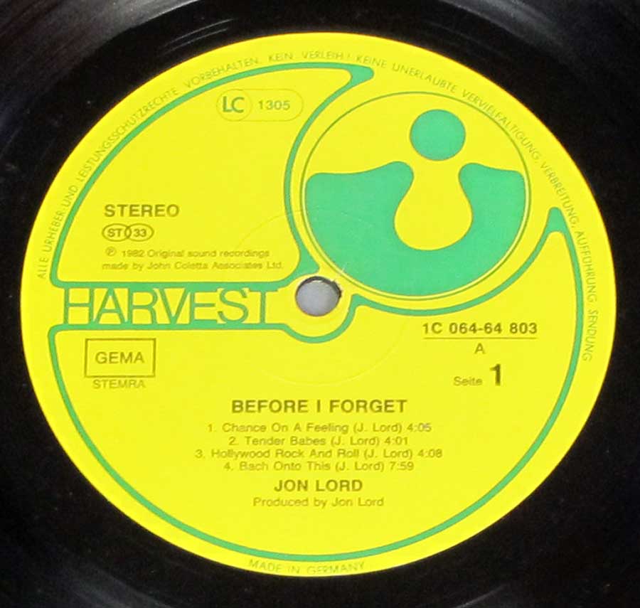 Close up of Side One record's label JON LORD - Before I Forget Orig Elephant 12" LP Vinyl Album