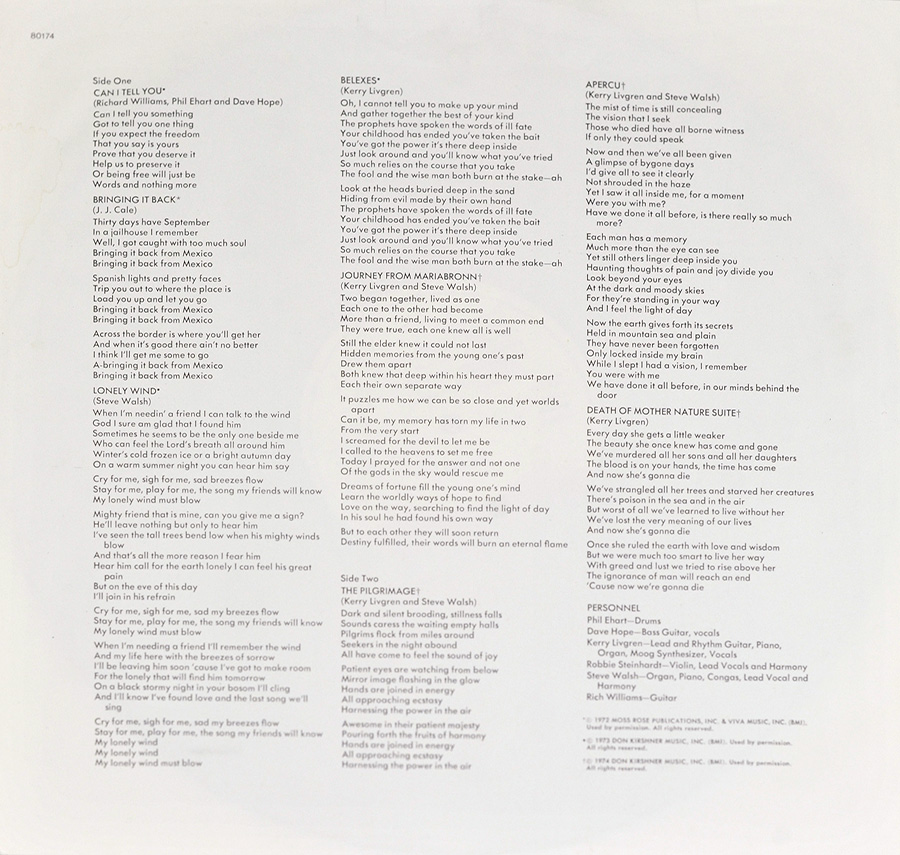 Large Hires Photo Inner Sleeve   of "KANSAS - Self-Titled" Album