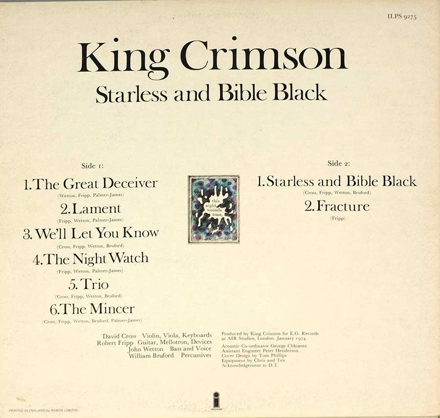 KING CRIMSON - Starless And Bible Black - Gatefold Cover 12" LP VINYL ALBUM
 back cover