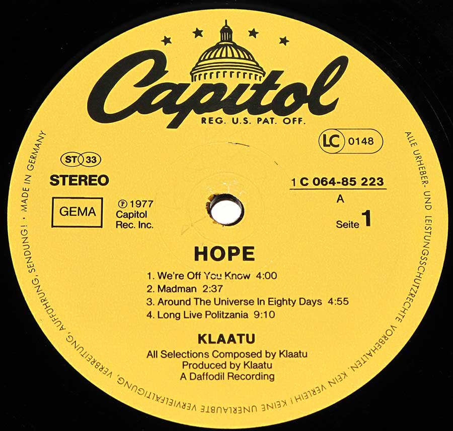 "Hope" Record Label Details: Yellow/Black Capitol 1C 064-85 223  ℗ 1977 Capitol Rec Sound Copyright 