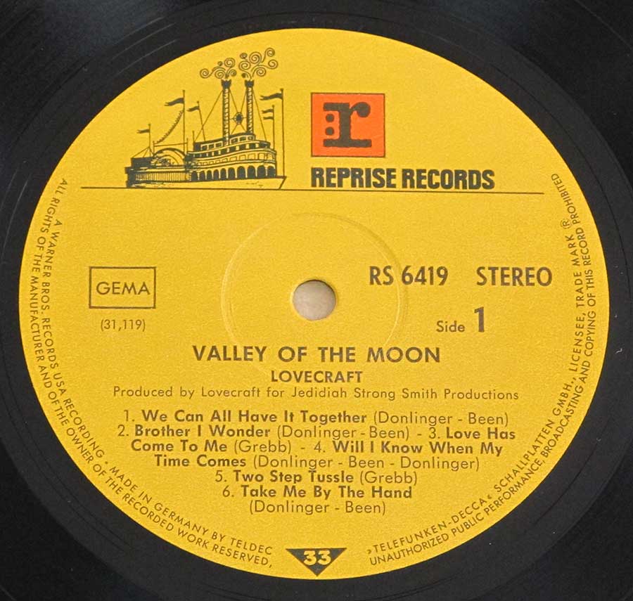 Close up of Side One record's label LOVECRAFT - Valley Of The Moon Orig Reprise RS 6419 12" LP Vinyl Album
